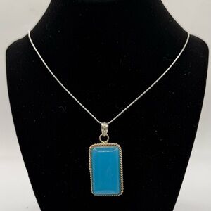 Sterling Silver Pendant With Blue Topaz, Rectangular Cut, Gold Rope, 24" Chain